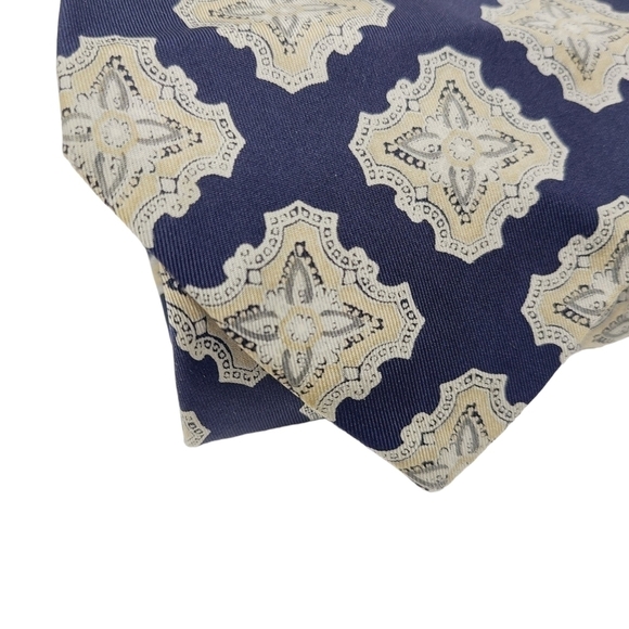 John Comfort London | Navy & Cream/Gold Vintage Printed Silk Tie (One Size) - Picture 5 of 8